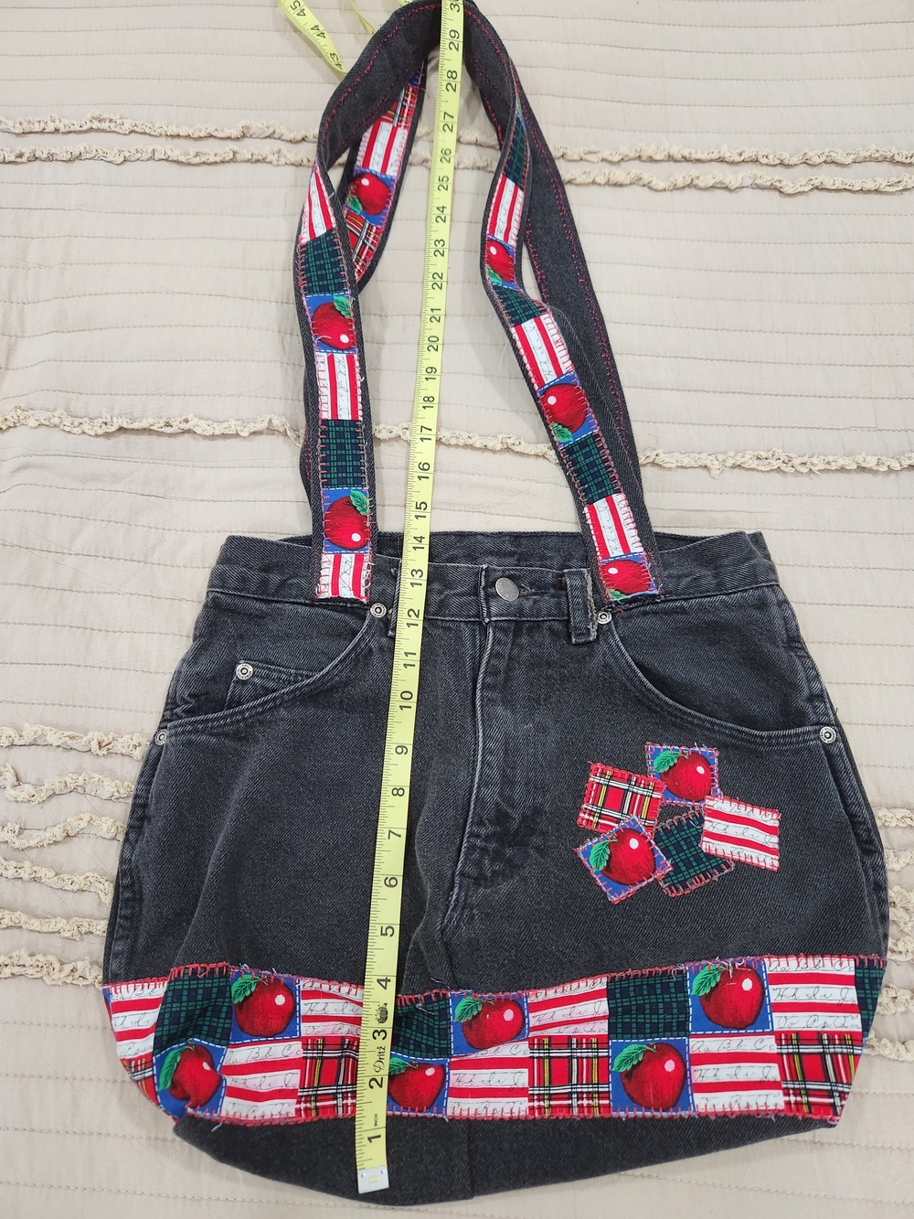 Black Denim Tote Bag with Red Apple Patch Details One Of A Kind